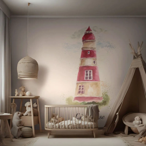 Fotomurali Premium Sand - Faro acquerello rosso e bianco - 100x70cm - Attorno è sempre bel tempo - Decorazione murale moderna per soggiorno e camera da letto ARTTOR