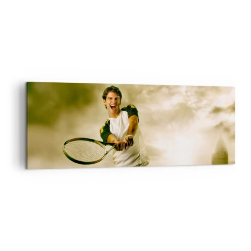 Quadro su tela - Stampe su Tela - Giocatore di tennis in azione durante una partita sullo sfondo di un paesaggio urbano - 140x50cm - Energia e gioia - Decorazione murale moderna per soggiorno e camera da letto ARTTOR