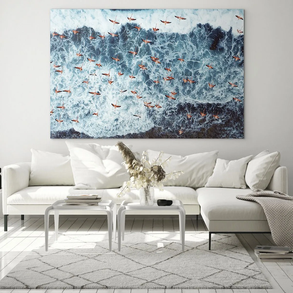 Quadro su vetro - Fenicotteri rosa sopra le onde agitate dell'oceano - 70x50cm - Parata sotto il mare - Decorazione murale moderna per soggiorno e camera da letto ARTTOR