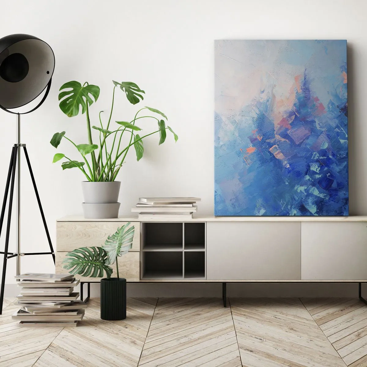 Quadro su tela - Stampe su Tela - Composizione astratta nei toni del blu e del rosa - 50x70cm - Astrazione invernale - Decorazione murale moderna per soggiorno e camera da letto ARTTOR