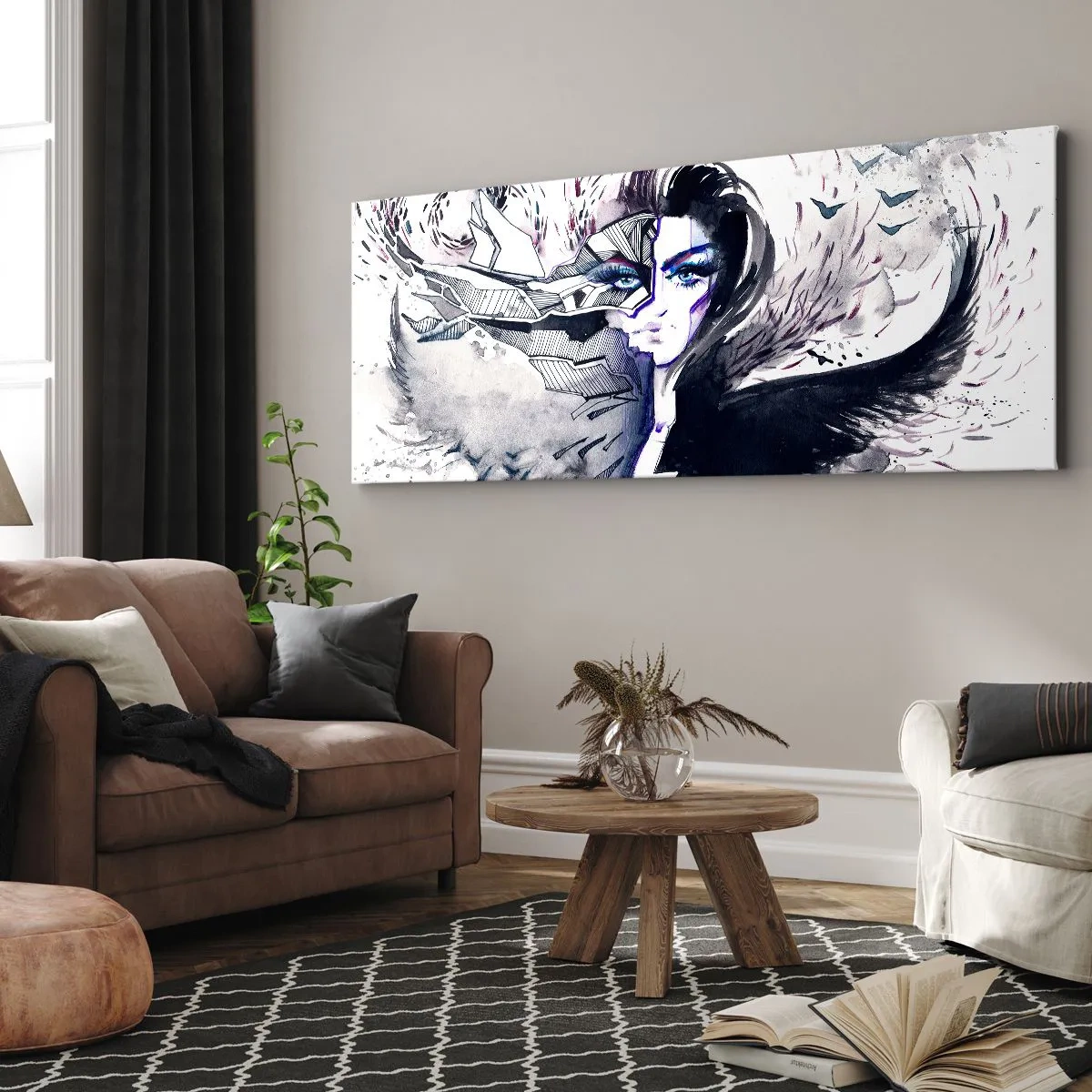 Quadro su tela - Stampe su Tela - Volto astratto con elementi contrastanti e motivo ad ala - 120x50cm - Bella e demoniaca - Decorazione murale moderna per soggiorno e camera da letto ARTTOR