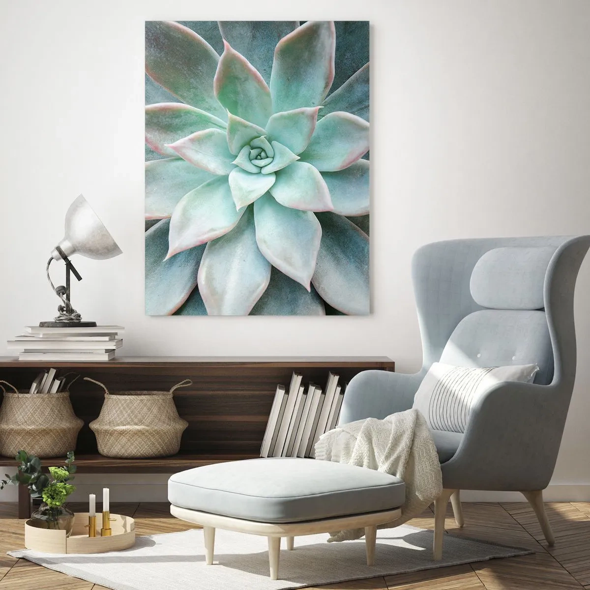 Quadro su vetro - Foglie succulente secche con una delicata tonalità grigio-verde - 50x70cm - Il cuore del deserto - Decorazione murale moderna per soggiorno e camera da letto ARTTOR