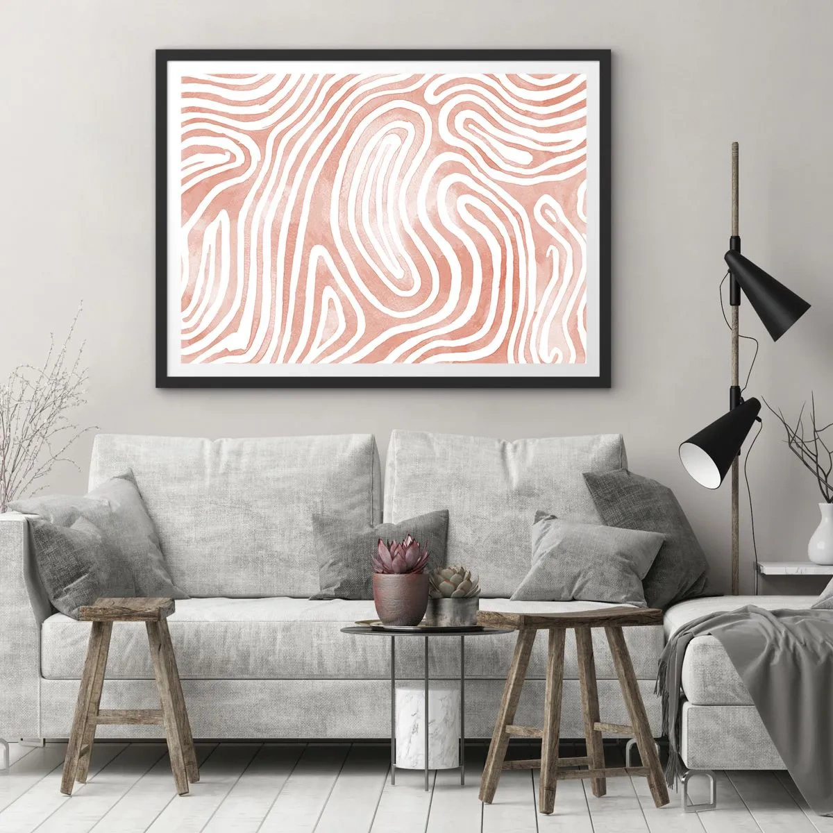 Poster in cornice nera - Motivo astratto nei toni del rosa e del bianco - 70x50cm - Nel labirinto di corallo - Decorazione murale moderna per soggiorno e camera da letto ARTTOR