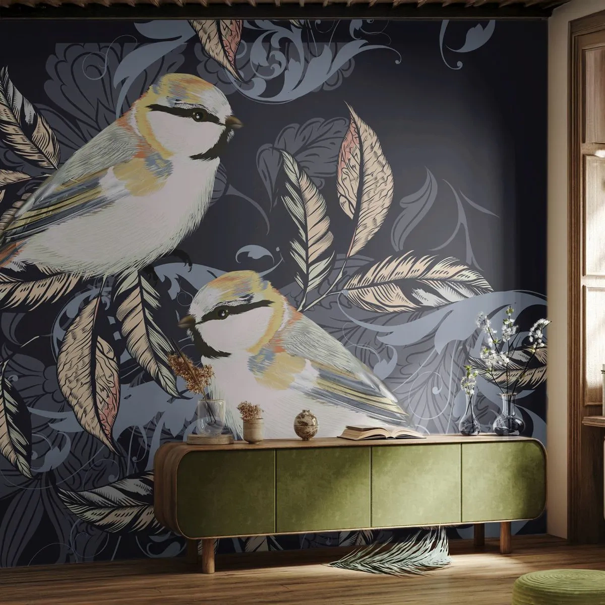 Fotomurali Standard Eco - Illustrazione di uccelli su sfondo scuro con ornamenti - 100x70cm - Cinguettio oro e blu - Decorazione murale moderna per soggiorno e camera da letto ARTTOR