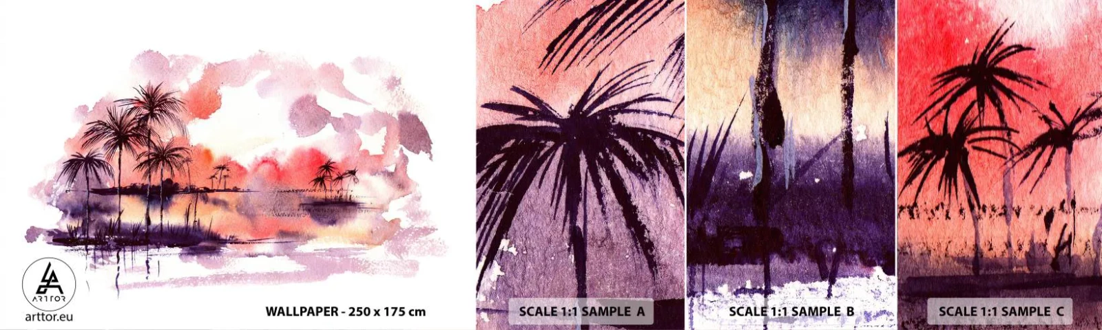 Campione Di Fotomurale Standard Eco - Pace dei tropici in rosso - Paesaggio, Palma da cocco, Grafica - 100x30 cm