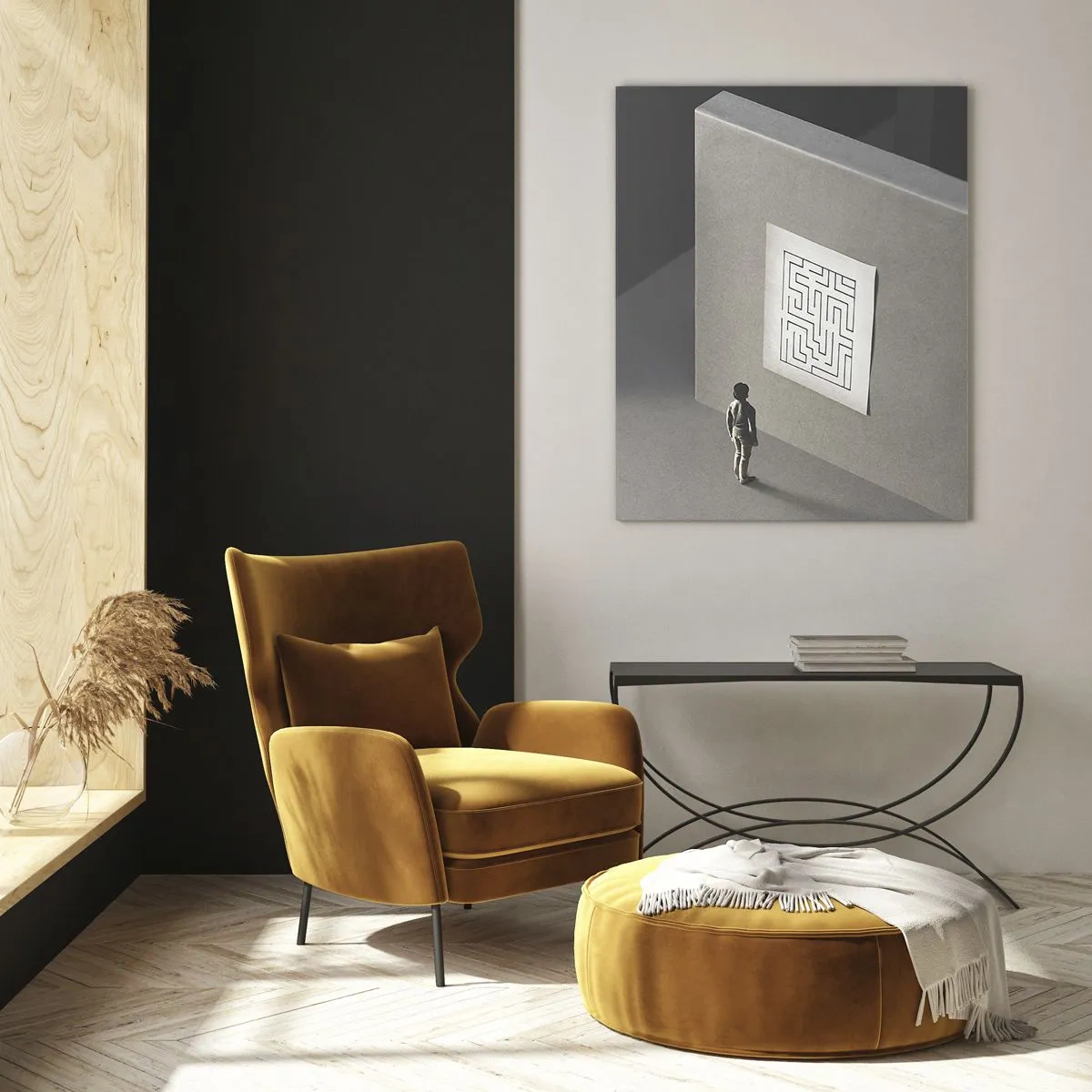 Quadro su vetro - Bambino in un labirinto con un simbolo di indovinello - 50x70cm - Ma dove mi trovo? - Decorazione murale moderna per soggiorno e camera da letto ARTTOR