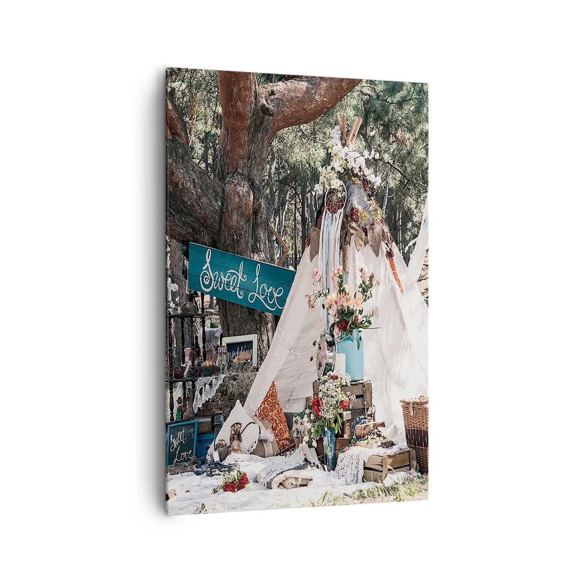 Quadro su tela - Stampe su Tela - Decorazione boho con un teepee nella foresta - 80x120cm - Make love... - Decorazione murale moderna per soggiorno e camera da letto ARTTOR