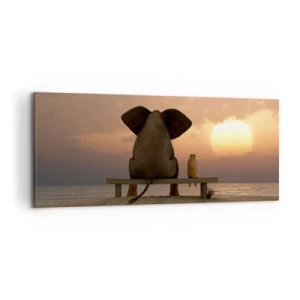 Quadro su tela - Stampe su Tela - Un elefante e un cane sono seduti su una panchina sulla spiaggia durante il tramonto. - 120x50cm - A volte bisogna tacere - Decorazione murale moderna per soggiorno e camera da letto ARTTOR