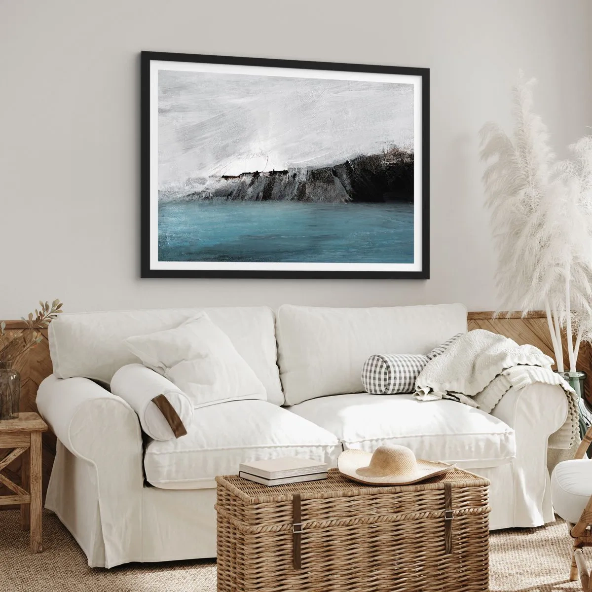 Poster in cornice nera - Paesaggio astratto con acqua e una costa rocciosa - 100x70cm - Acqua-terra: lo scontro degli elementi - Decorazione murale moderna per soggiorno e camera da letto ARTTOR