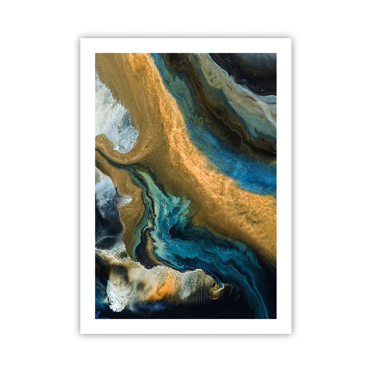 Poster - Una composizione astratta nei toni dell'oro e del blu. - 50x70cm - Blu-oro: influenza reciproca - Decorazione murale moderna per soggiorno e camera da letto ARTTOR