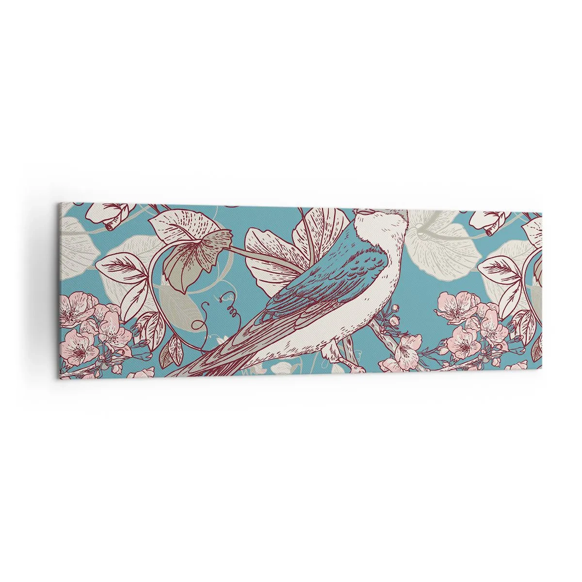 Quadro su tela - Stampe su Tela - Un uccello su un ramo in un delicato stile floreale - 160x50cm - Sul pioppo riflessi e cinguettii - Decorazione murale moderna per soggiorno e camera da letto ARTTOR