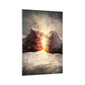 Quadro su vetro - Pugni chiusi in una scena di incendio dinamica - 70x100cm - Pronto alla battaglia - Decorazione murale moderna per soggiorno e camera da letto ARTTOR