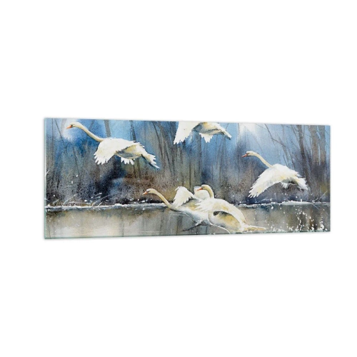 Quadro su vetro - Cigni in volo sopra un lago ghiacciato in un paesaggio invernale - 140x50cm - Come la favola dei cigni selvatici - Decorazione murale moderna per soggiorno e camera da letto ARTTOR