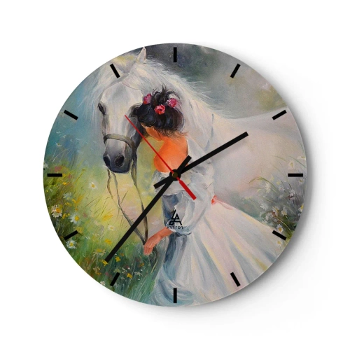 Orologio da parete - Orologio in Vetro - Una donna in abito bianco con un cavallo bianco in un prato - 30x30cm - Come in un bel sogno - Decorazione murale moderna per soggiorno, cucina e camera da letto ARTTOR