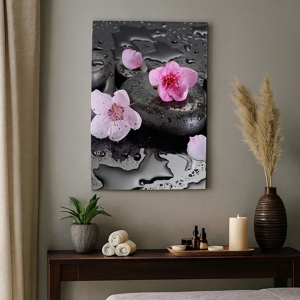 Quadro su tela - Stampe su Tela - Pietre nere e fiori rosa in stile spa - 50x70cm - E il cuore si libera di un peso - Decorazione murale moderna per soggiorno e camera da letto ARTTOR