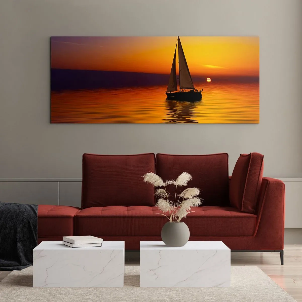Quadro su vetro - Una barca a vela su un mare calmo al tramonto - 160x50cm - Che silenzio al tramonto... - Decorazione murale moderna per soggiorno e camera da letto ARTTOR