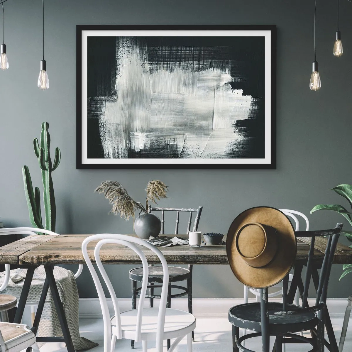 Poster in cornice nera - Tratti astratti bianchi su sfondo scuro - 100x70cm - Tessuto in verticale e in orizzontale - Decorazione murale moderna per soggiorno e camera da letto ARTTOR