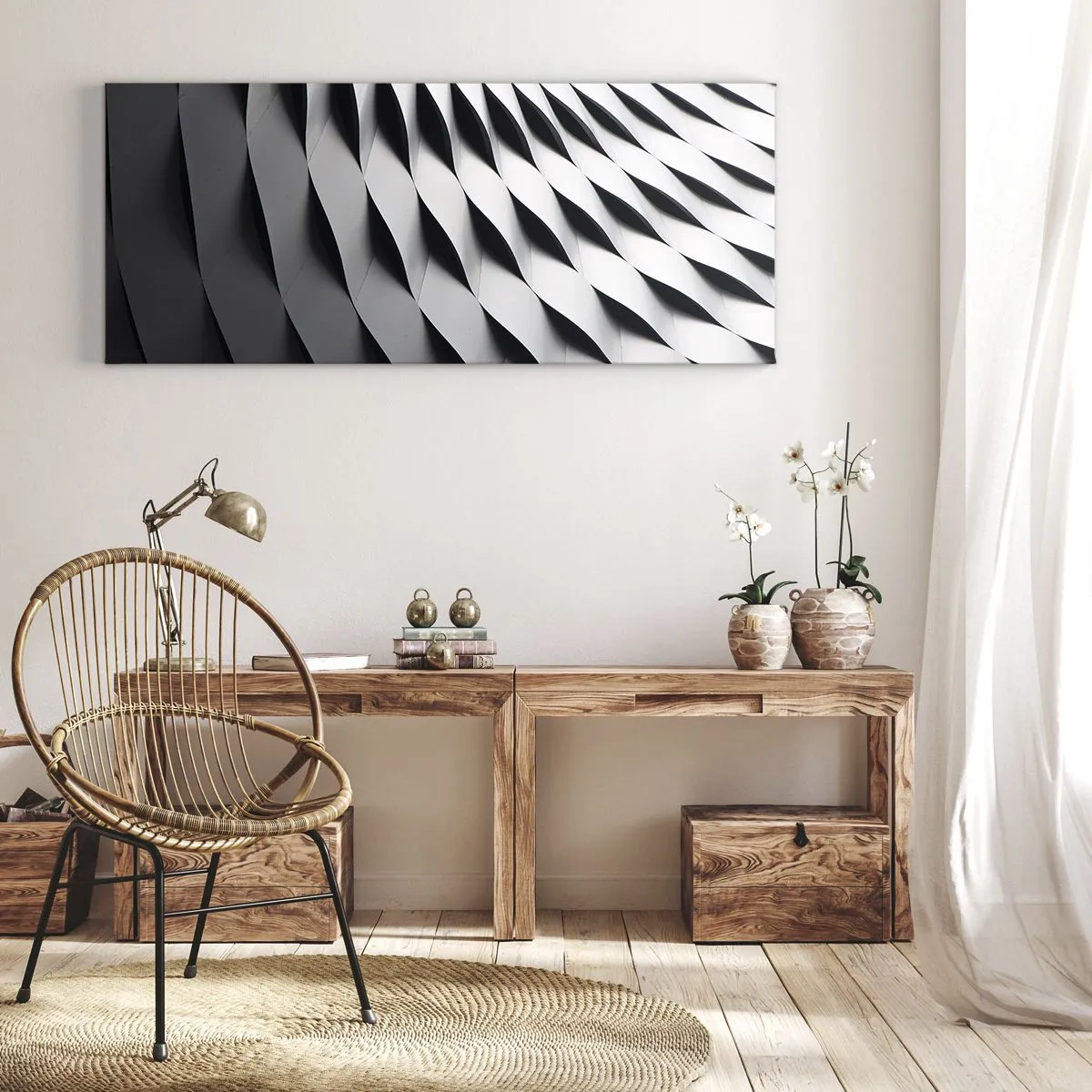 Quadro su tela - Stampe su Tela - Motivo geometrico astratto nei toni del bianco e del nero - 160x50cm - Sulla cresta dell'onda - Decorazione murale moderna per soggiorno e camera da letto ARTTOR