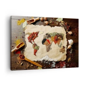 Quadro su tela - Stampe su Tela - Una mappa del mondo fatta di spezie su uno sfondo di legno. - 70x50cm - Tutti i gusti del mondo - Decorazione murale moderna per soggiorno e camera da letto ARTTOR