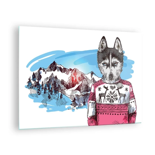 Quadro su vetro - Husky con un maglione e montagne sullo sfondo - 70x50cm - Lupo con lana di pecora - Decorazione murale moderna per soggiorno e camera da letto ARTTOR