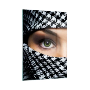 Quadro su vetro - Occhi verdi circondati da un motivo bianco e nero - 50x70cm - Ritratto di bellezza velata con gli occhi verdi - Decorazione murale moderna per soggiorno e camera da letto ARTTOR