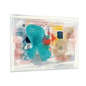 Quadro su vetro - Un'astrazione colorata con tocchi di turchese, rosso e beige. - 70x50cm - Il gioco dei colori - Decorazione murale moderna per soggiorno e camera da letto ARTTOR