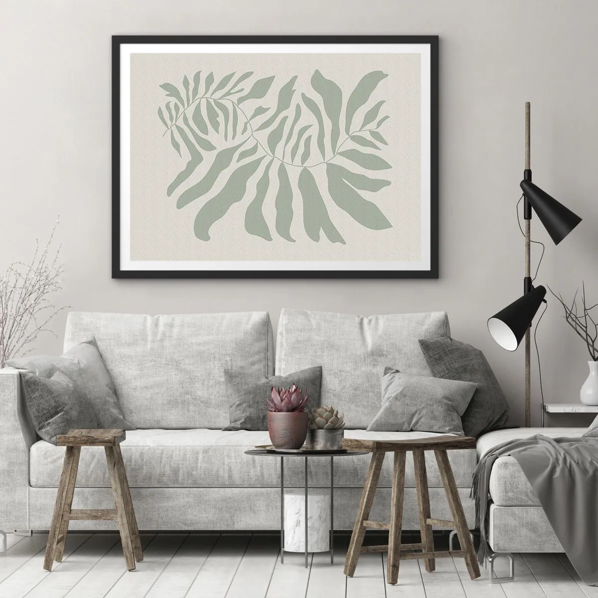 Poster in cornice nera - Un delicato motivo a ramoscelli con foglie in una tonalità di verde smeraldo - 70x50cm - Ramo smeraldo - Decorazione murale moderna per soggiorno e camera da letto ARTTOR