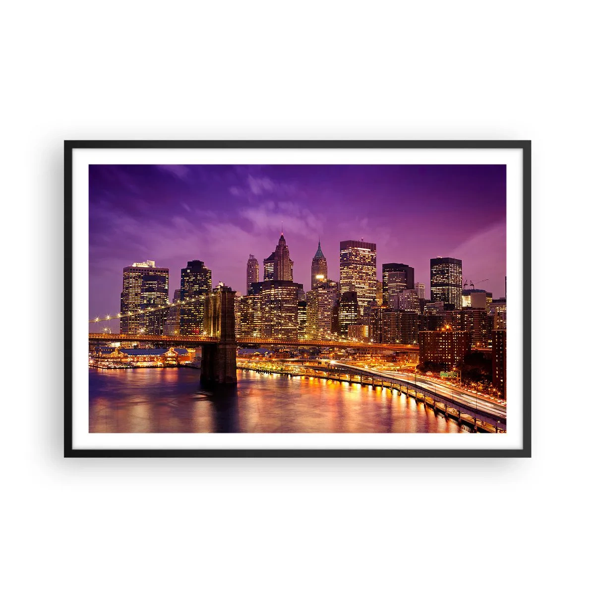 Poster in cornice nera - Manhattan in viola e oro - 91x61 cm