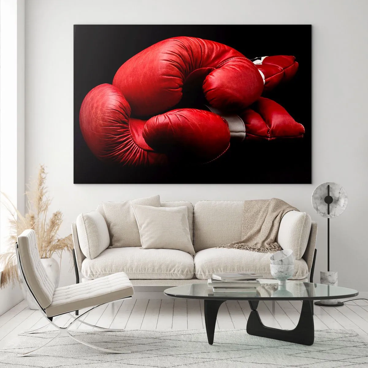 Quadro su vetro - Guantoni da boxe rossi su sfondo nero - 100x70cm - Dopo le emozioni del combattimento - Decorazione murale moderna per soggiorno e camera da letto ARTTOR