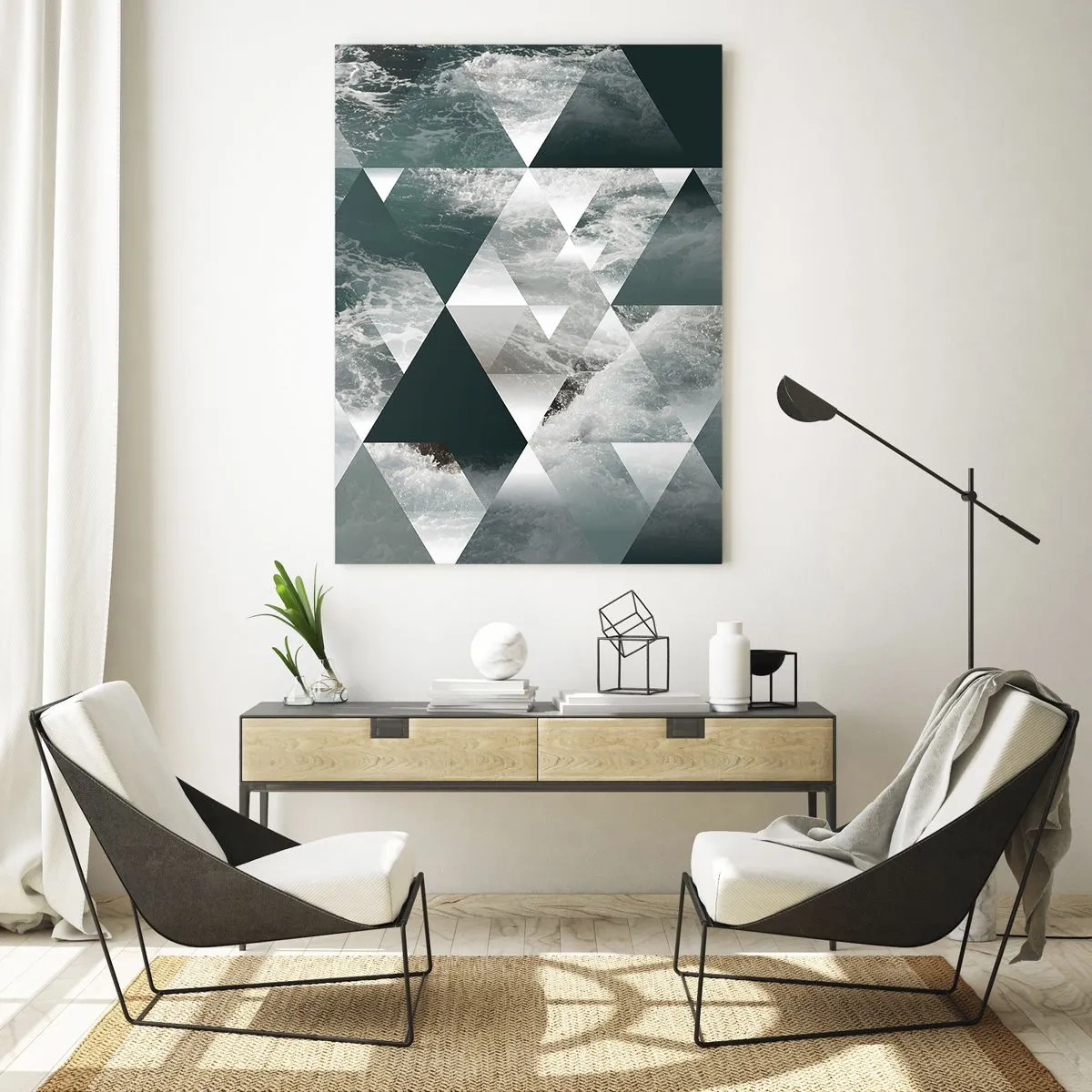 Quadro su vetro - Motivo geometrico con motivo a onde nei toni del verde - 80x120cm - Prospettiva di cristallo - Decorazione murale moderna per soggiorno e camera da letto ARTTOR