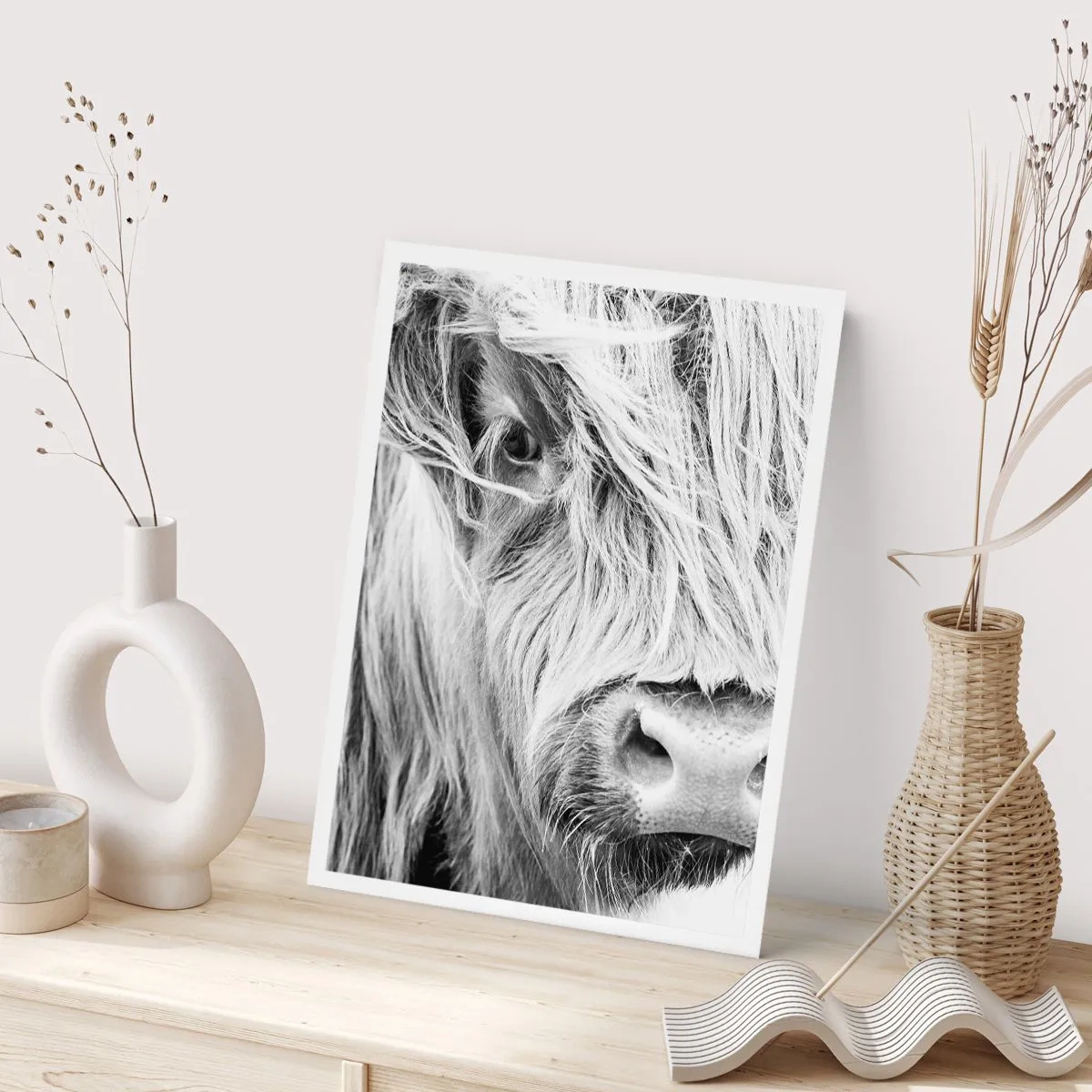 Poster - Un primo piano in bianco e nero di una mucca delle Highlands scozzesi. - 50x70cm - Selvaticità scozzese - Decorazione murale moderna per soggiorno e camera da letto ARTTOR