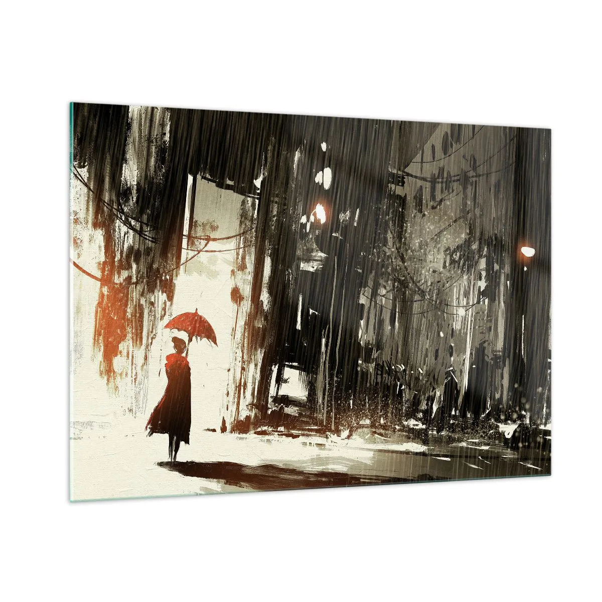 Quadro su vetro - Una persona con un ombrello rosso sotto la pioggia su uno sfondo urbano scuro. - 100x70cm - La poesia dell'ombrello rosso - Decorazione murale moderna per soggiorno e camera da letto ARTTOR