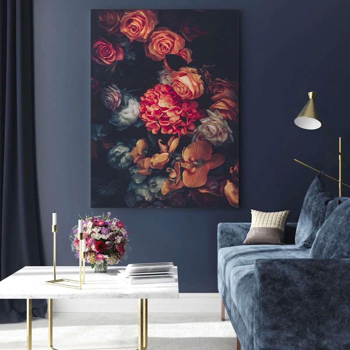 Quadro su vetro - Composizione floreale scura con rose e orchidee - 50x70cm - Come i maestri olandesi - Decorazione murale moderna per soggiorno e camera da letto ARTTOR