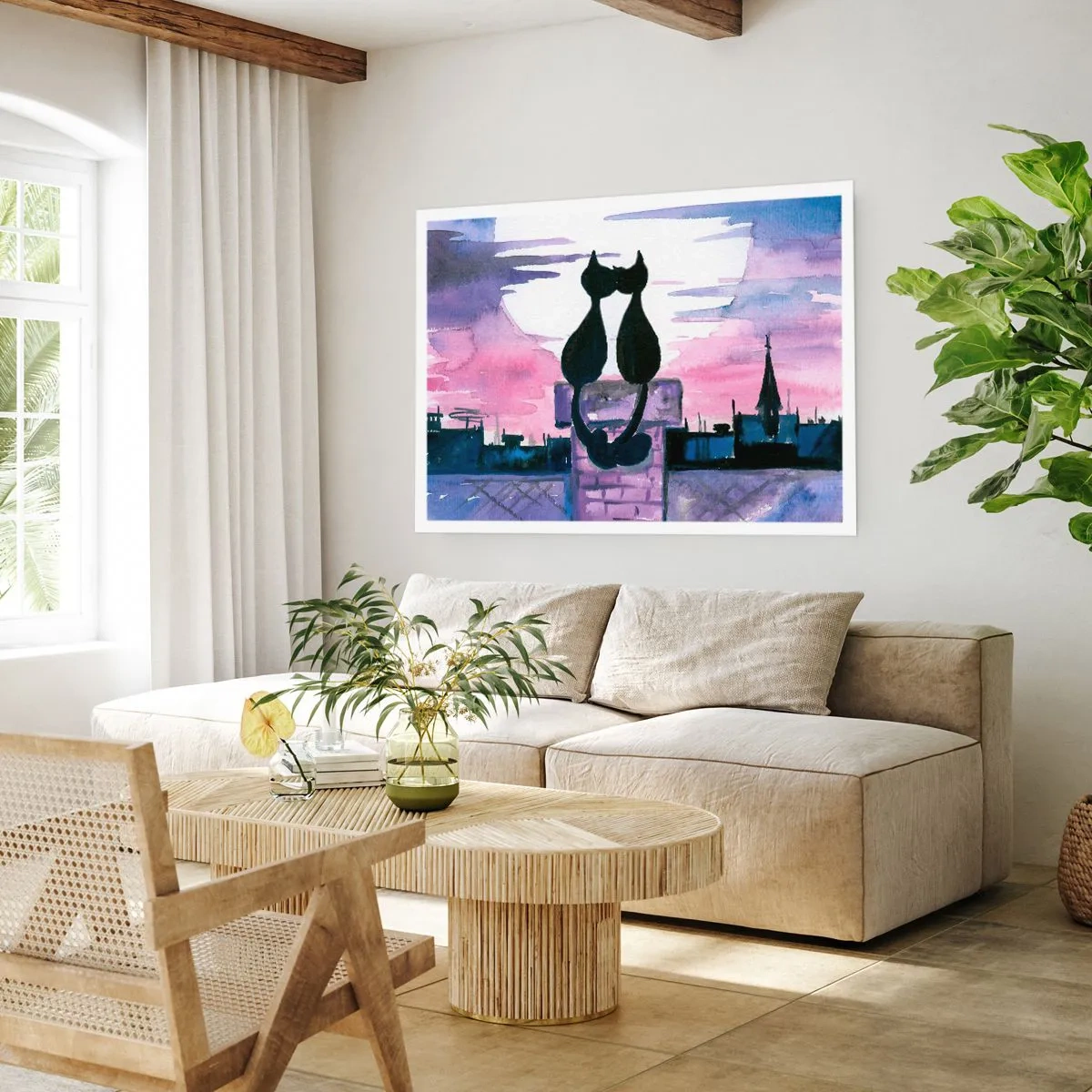 Poster - Gatti neri su un tetto al chiaro di luna in un ambiente acquerello - 100x70cm - Appuntamento sotto la luna - Decorazione murale moderna per soggiorno e camera da letto ARTTOR