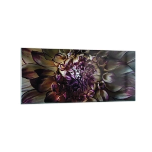 Quadro su vetro - Primo piano di un fiore di dalia in toni scuri - 120x50cm - Il rigoglio della giovinezza - Decorazione murale moderna per soggiorno e camera da letto ARTTOR
