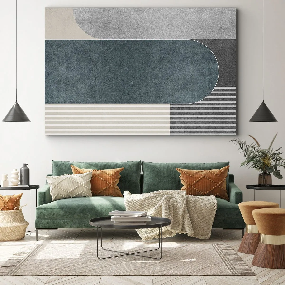 Quadro su tela - Stampe su Tela - Astrazione geometrica nei toni del grigio e del verde - 120x80cm - Composizione orizzontale - Decorazione murale moderna per soggiorno e camera da letto ARTTOR