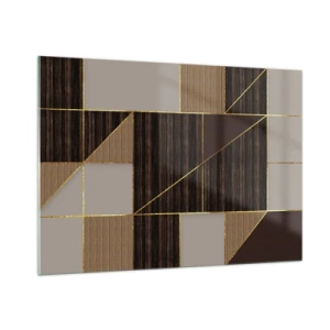 Quadro su vetro - Mosaico astratto con elementi marroni e dorati - 100x70cm - Mosaico di marrone e oro - Decorazione murale moderna per soggiorno e camera da letto ARTTOR