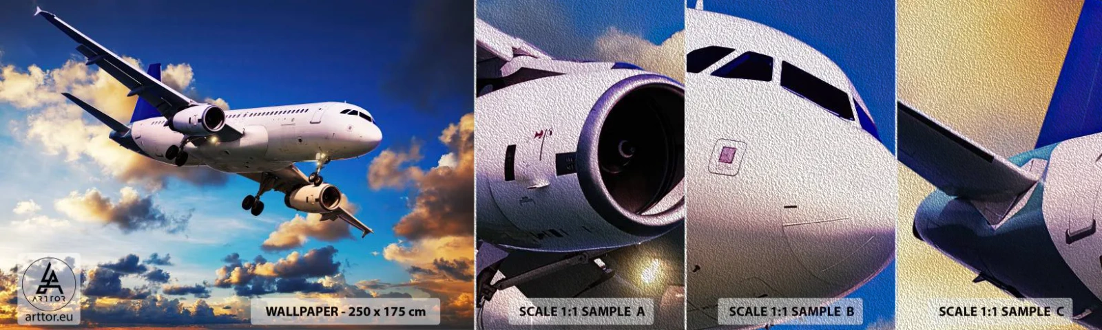 Campione di Fotomurale Premium Sand - Viaggio nel bianco e nel blu - Aereo, Viaggio, Cielo Con Nuvole - 100x30 cm