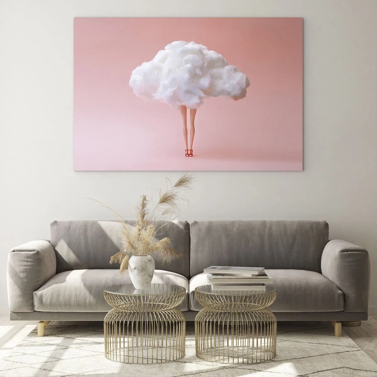 Quadro su vetro - Una figura femminile con una nuvola al posto del vestito su uno sfondo rosa pastello. - 70x50cm - Dolce promessa - Decorazione murale moderna per soggiorno e camera da letto ARTTOR