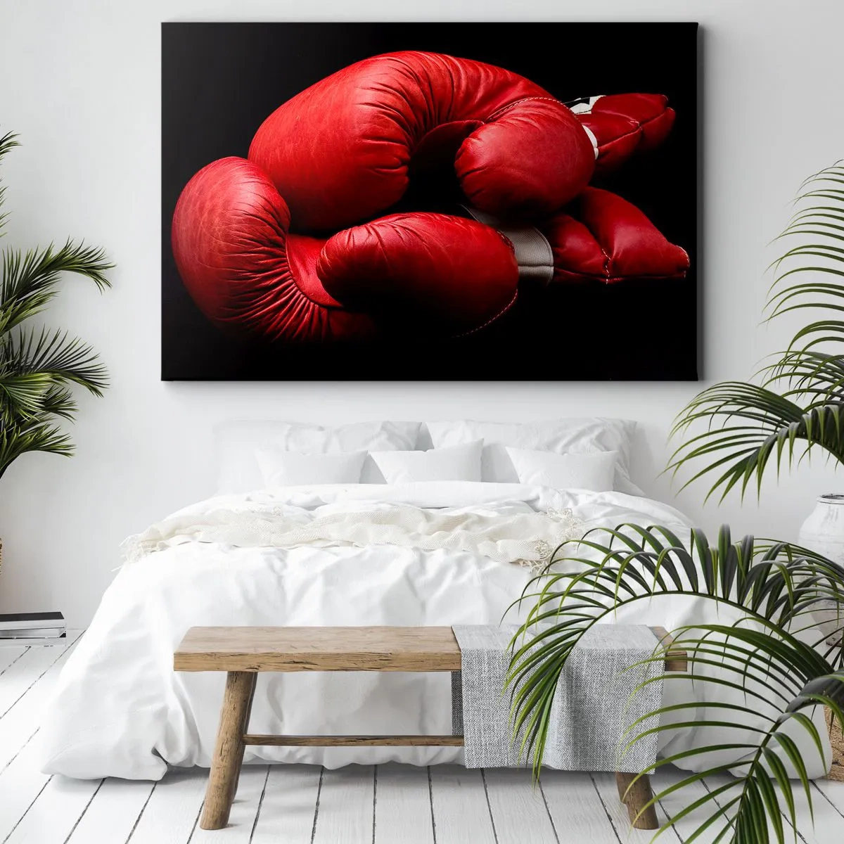 Quadro su tela - Stampe su Tela - Guantoni da boxe rossi su sfondo nero - 100x70cm - Dopo le emozioni del combattimento - Decorazione murale moderna per soggiorno e camera da letto ARTTOR