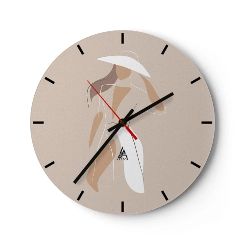 Orologio da parete - Orologio in Vetro - Donna elegante con cappello su sfondo beige - 30x30cm - La moda è un gioco - Decorazione murale moderna per soggiorno, cucina e camera da letto ARTTOR