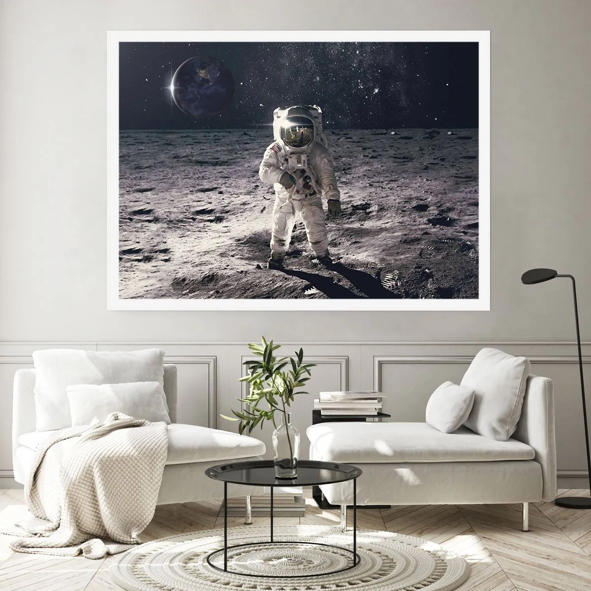 Poster - Astronauta sulla superficie della Luna con la Terra sullo sfondo - 100x70cm - Saluti dalla luna - Decorazione murale moderna per soggiorno e camera da letto ARTTOR