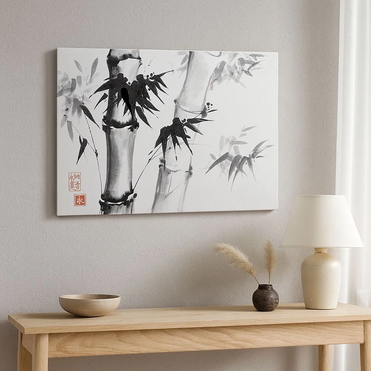 Quadro su tela - Stampe su Tela - Bambù acquerello in stile giapponese su sfondo bianco - 70x50cm - Particolare d'oriente - Decorazione murale moderna per soggiorno e camera da letto ARTTOR