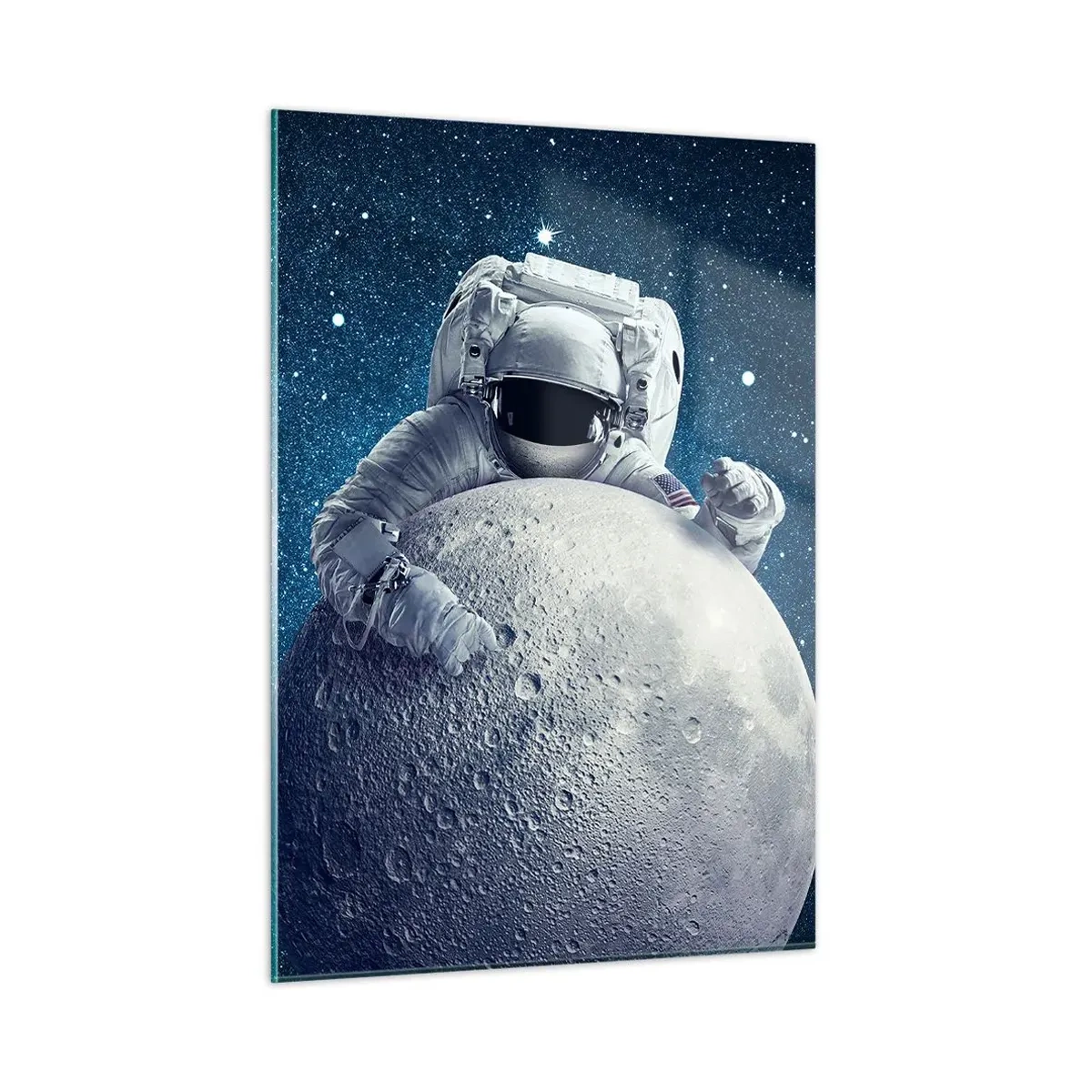 Quadro su vetro - Astronauta che abbraccia la luna contro un cielo stellato - 50x70cm - Burlone spaziale - Decorazione murale moderna per soggiorno e camera da letto ARTTOR