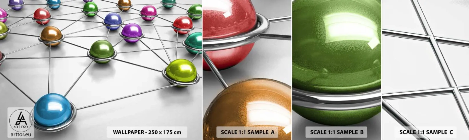 Campione Di Fotomurale Standard Eco - Ragnatela cosmica - Astrazione, Sfere di metallo, 3D - 100x30 cm