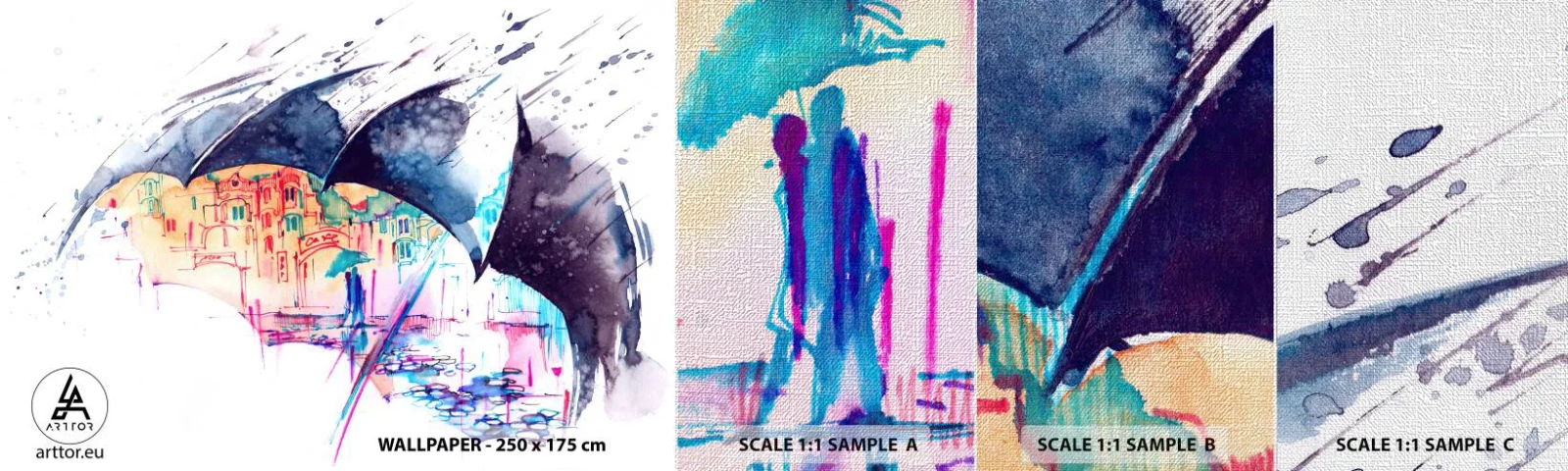 Campione di Fotomurale Premium Canvas - Passeggiata sotto la pioggia - Astrazione, Ombrello, Architettura - 100x30 cm