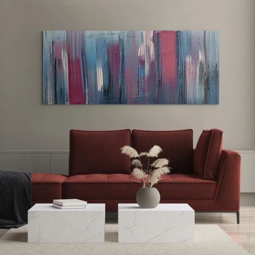 Quadro su vetro - Forme verticali astratte nelle tonalità del blu e del rosso - 120x50cm - Composizione verticale in blu e rosso - Decorazione murale moderna per soggiorno e camera da letto ARTTOR