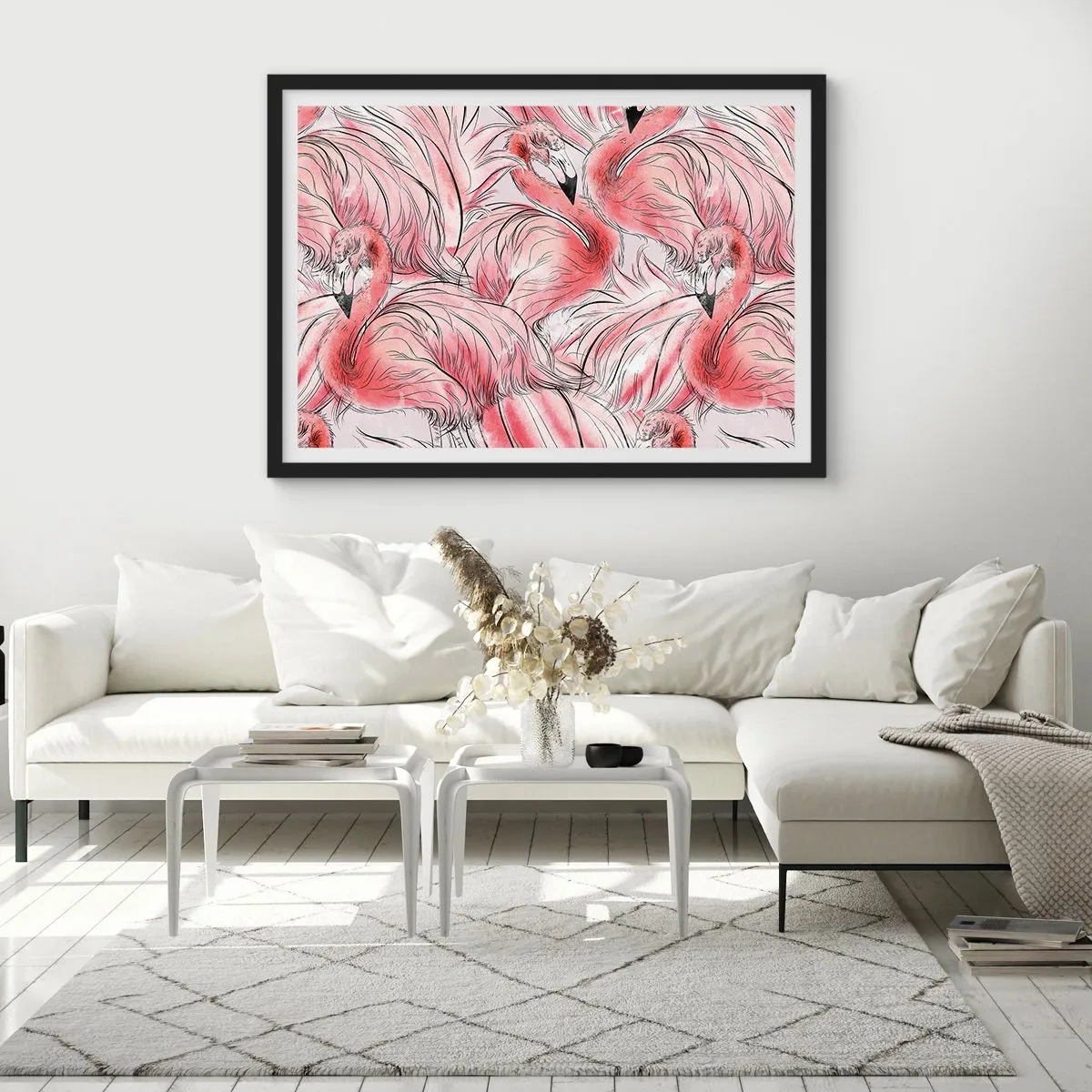 Poster in cornice nera - Delicati disegni di fenicotteri rosa - 70x50cm - Corpo di ballo alato - Decorazione murale moderna per soggiorno e camera da letto ARTTOR