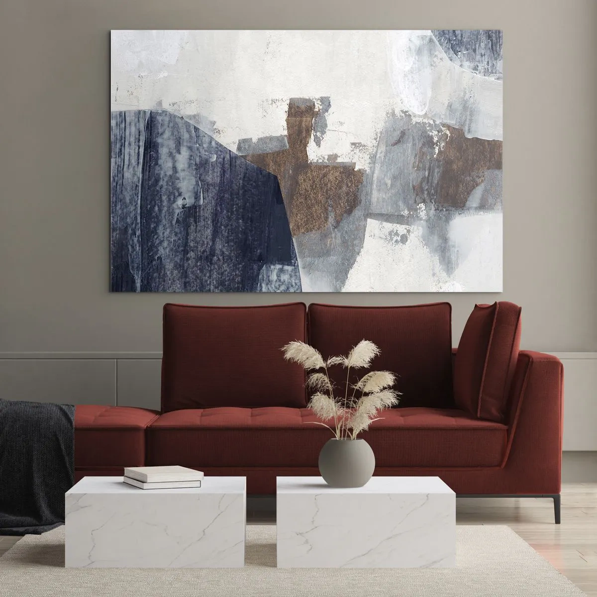 Quadro su vetro - Forme geometriche in blu, marrone e bianco - 120x80cm - Forme blu e marroni - Decorazione murale moderna per soggiorno e camera da letto ARTTOR