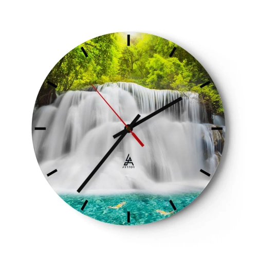 Orologio da parete - Orologio in Vetro - Una cascata circondata dal verde con acqua turchese alla base - 30x30cm - Cascata spumeggiante dal verde all'azzurro - Decorazione murale moderna per soggiorno, cucina e camera da letto ARTTOR